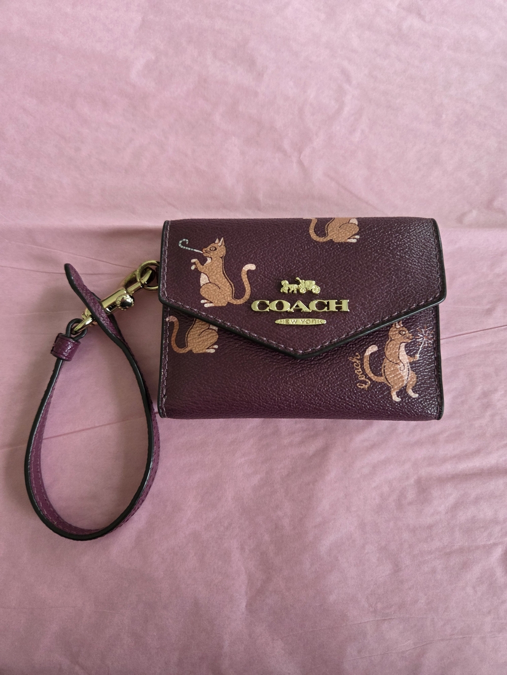 Coach Party Animal Burgundy Leather Wristlet Wallet with Cat Print